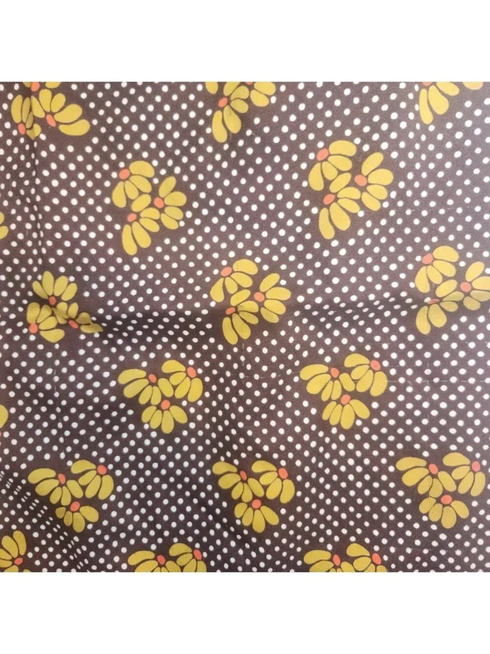 Vintage Brown Polka Dot Floral Square Scarf Yellow Flowers White Border 26in 70s